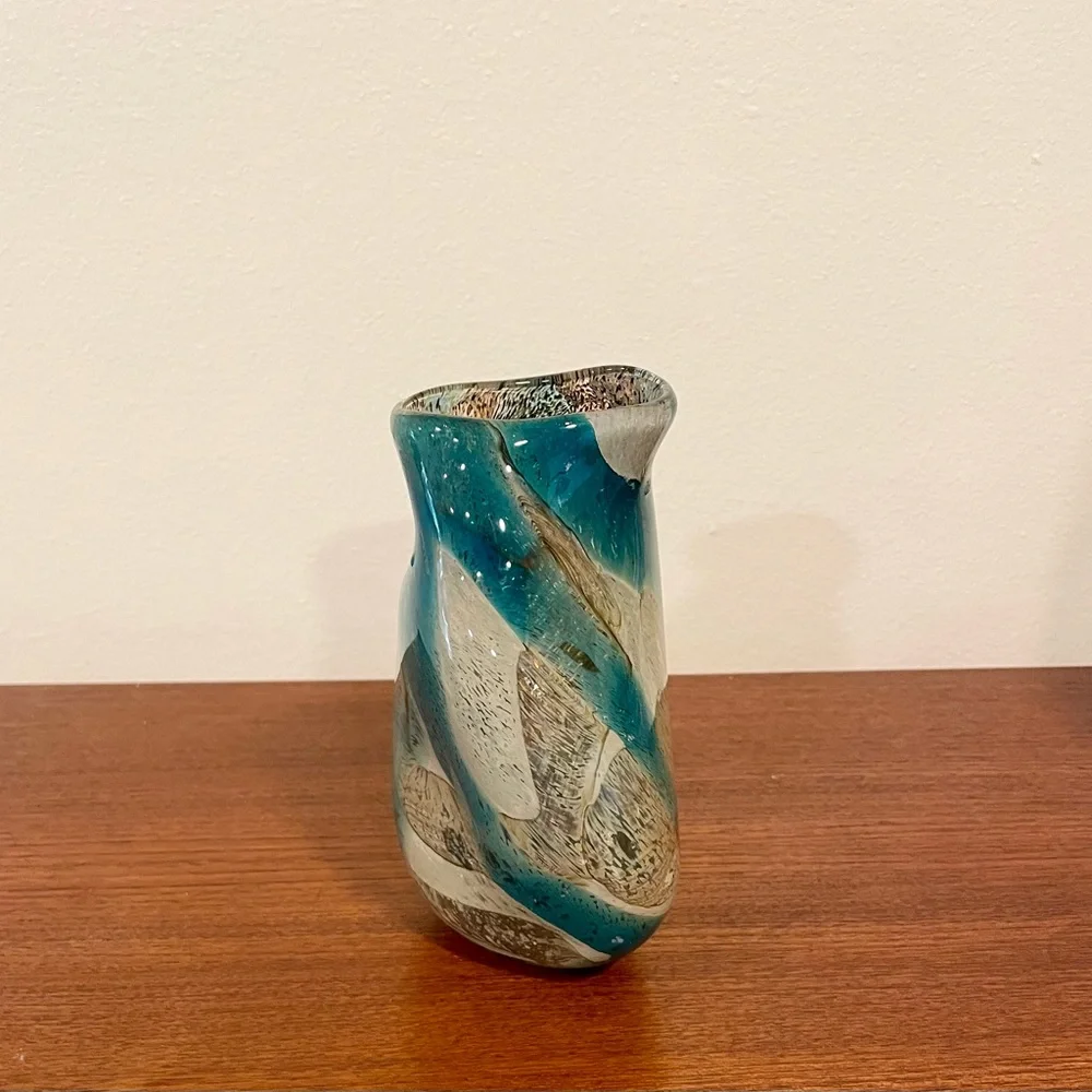 Signed MDINA Maltese Glass Vase M. Harris Tiger Pattern Sandy Brown Mid 1970's